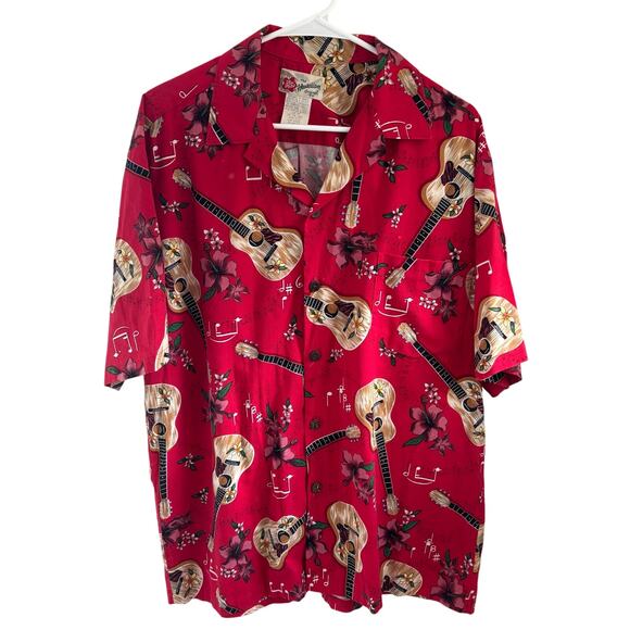 Hilo Hattie Men's Hawaiian Shirt Red Hibiscus Guitars Size Large - Picture 1 of 6
